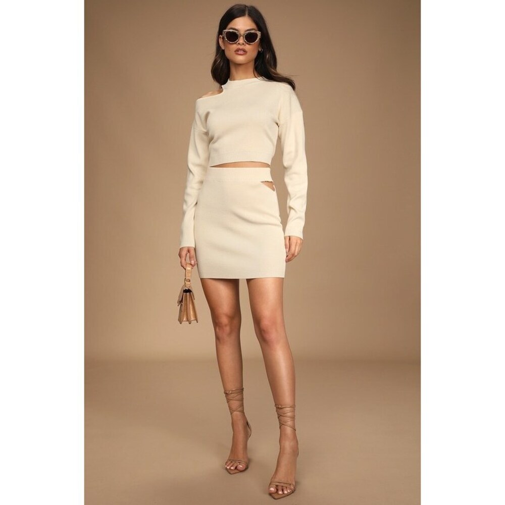 Lulus Keep It Flirty Ivory Cutout Long Sleeve Two-piece Sweater Dress Beige
